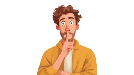 A digital illustration depicting a surprised young man with brown curly hair and a beard. He is wearing a yellow jacket and a white shirt underneath. His expression is one of surprise or shock,
