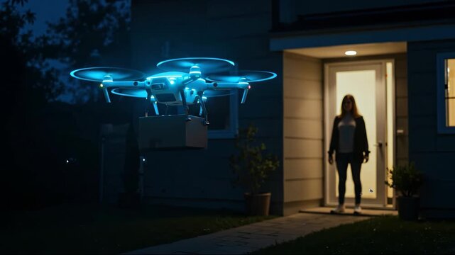 Delivery drone with bright blue lights hovers outside house at night, woman waits at door. Concept of futuristic shipping, online shopping convenience, and advanced logistics. Horizontal banner