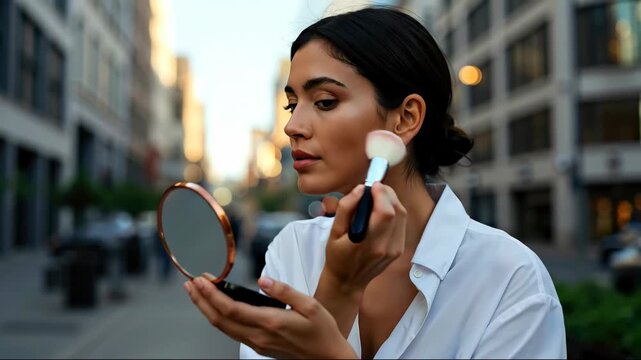 Beautiful woman applying face powder with brush while looking into compact mirror on city street. Concept of on go beauty, urban lifestyle, and cosmetics. For makeup tutorial or product banner
