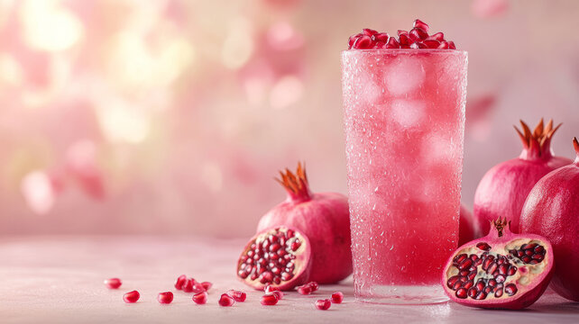 Chilled pomegranate juice with ripe pomegranates on pastel background.