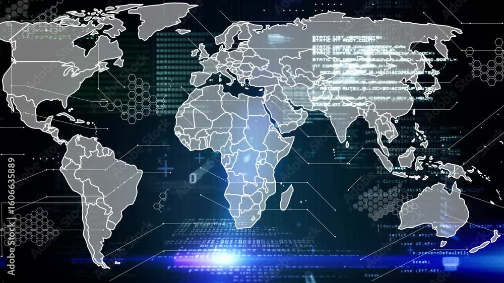 Poster world map emerging with code and hex patterns sliding, white beam scanning africa visualizing data