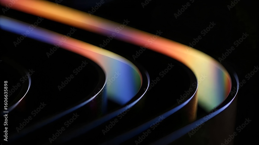 Poster spectrum fold – parallel curves, iridescent gradient, gloss surface, abstract flow, dark background,