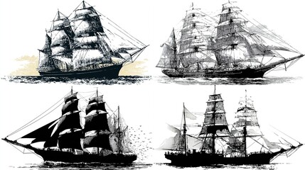 Four vintage clipper ship illustrations sailing on the ocean. Different art styles