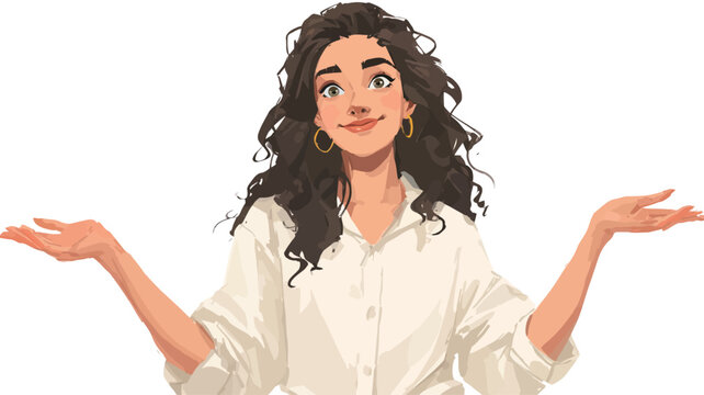 Digital illustration of a young woman with long, curly brown hair. She is wearing a simple, white, button-up shirt and has a slightly unsure or questioning expression on her face. 
