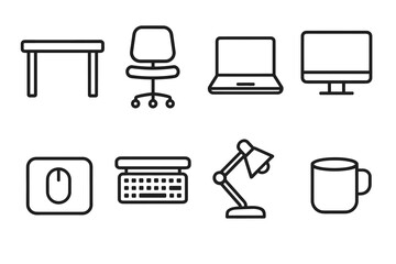 Minimalist icons of office desk essentials: desk, chair, laptop, monitor, mouse, keyboard, lamp, mug