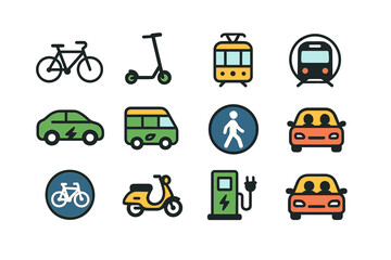 Eco-friendly transportation icons: bicycles, electric vehicles, and public transit