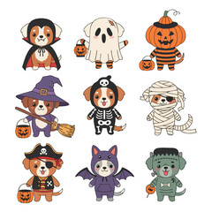 Obraz premium Halloween Dogs: A delightful collection of cartoon dogs in playful halloween costumes ready for trick-or-treating.