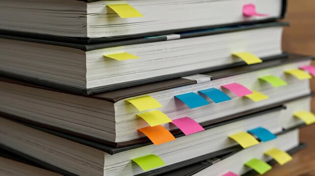 Stack of hardcover books with numerous colorful sticky note tabs sticking out from pages. Concept of research, studying, and information management. For education or office supply