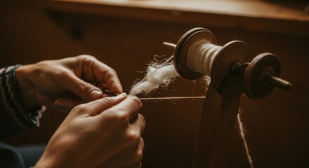 Hands spinning wool on spinning wheel in a cozy autumn setting  