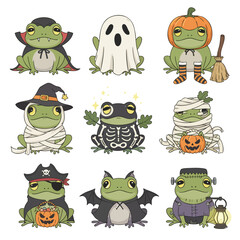Whimsical Halloween Frogs: A collection of adorable frogs dressed up in various Halloween costumes, from a vampire to a mummy, with each character exuding a unique and festive charm.