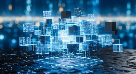 A complex network of interconnected digital cubes glows with blue light