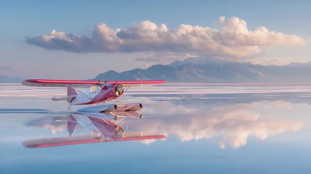 Stunning pink seaplane mirrored on a salt flat under a cloudy sky, travel and adventure
