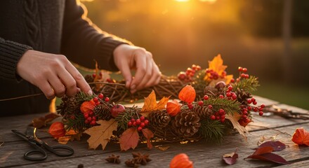 Hands crafting autumn wreath with colorful leaves and pinecones  