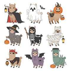 Fototapeta premium Halloween Llama Characters: A charming collection of llama characters, each adorned in delightful Halloween costumes, brings a playful and festive vibe to the spooky season. 