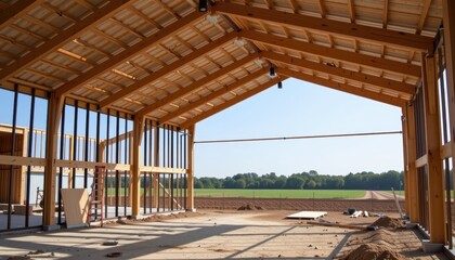 Fototapeta premium Barndominium concept. Spacious interior of a wooden structure under construction with natural light.