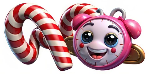 Whimsical cartoon candy cane worm character with a pink alarm clock face