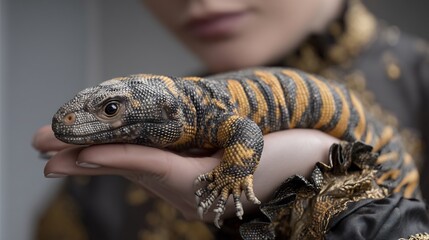 Close-up of a strikingly patterned Chuckwalla lizard resting gently on a person's hand
