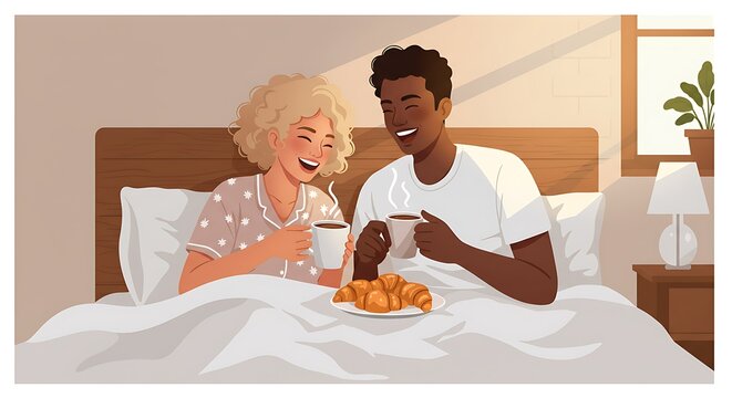 Morning Bliss: Interracial Couple Enjoying Coffee and Croissants in Bed - Powered by Adobe