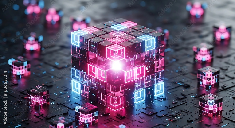 Poster a glowing cube represents the complexity of digital technology