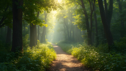 Obraz premium Mystical forest trails for hiking. Dappled sunlight through dense foliage. Explore enchanted nature paths. Discover serene outdoor adventures.