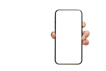 Hand Holding Smartphone with Blank Screen Isolated on White Background for Mockup or App Presentation
