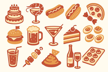 Retro food icons: cake, pizza, drinks, and snacks in vintage style