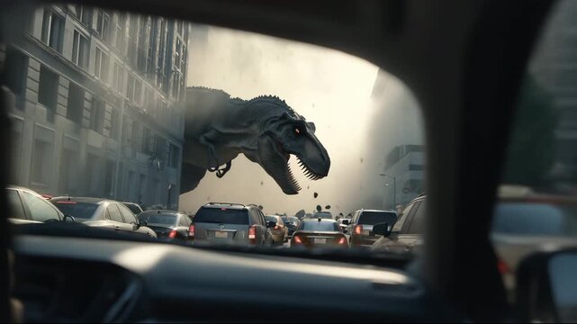 T-Rex Running Through Busy City Street Causing Panic
