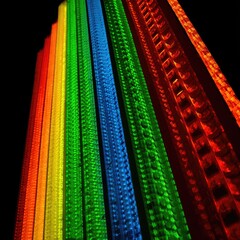 Rainbow-hued, textured rods glow brightly against a black background, creating a vibrant, vertical composition