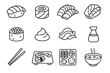 Line art icon set of sushi, nigiri, sashimi, rolls, and soup with chopsticks and soy sauce