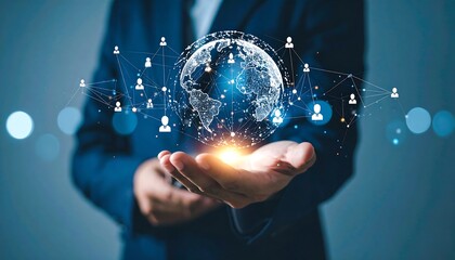 Businessman holding a holographic global network