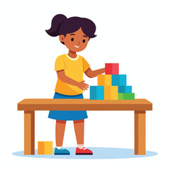 A young girl with dark hair is building a tower of colorful blocks on a wooden table, smiling as she plays.