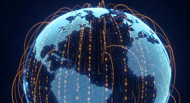 A digital globe shows global network connections and data flow