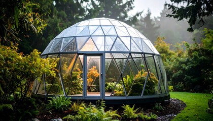 Geodesic Greenhouse in Lush Garden Setting on Overcast Day