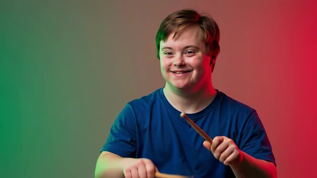 Happy young man with Down syndrome smiling while playing bongo drum against colorful background. Concept of inclusion, joy in music, and celebrating abilities. For World Down Syndrome Day