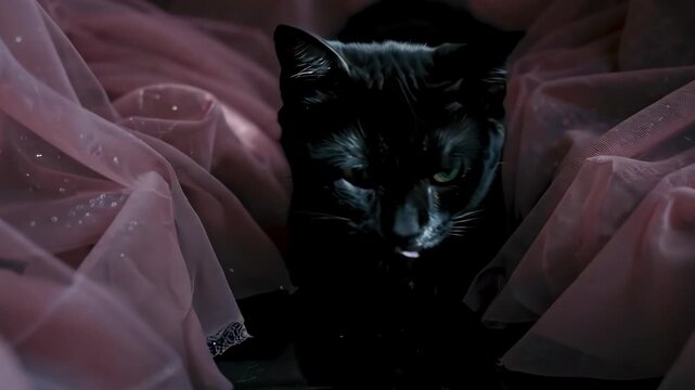 Beautiful black cat with striking green eyes peeking out from behind soft, pink tulle fabric. Concept of mystery, elegance, and curiosity. For pet adoption or Halloween banner. Horizontal banner