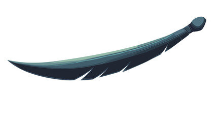 Digital illustration of a stylized feather or blade. The object is depicted in shades of dark grey and blue, with a curved, sharp point. It has a smooth, almost metallic appearance, and resembles