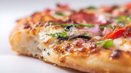 Close-up of Delicious Pizza Slice with Fresh Toppings and Crispy Crust