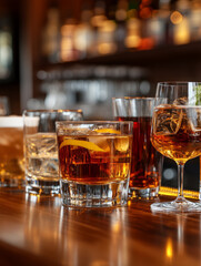 Assorted cocktails on a bar counter with a blurred background.