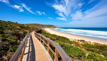 Obraz premium Coastal boardwalk walkway on a sunny beach