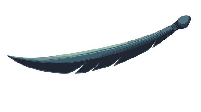 Digital illustration of a stylized feather or blade. The object is depicted in shades of dark grey and blue, with a curved, sharp point. It has a smooth, almost metallic appearance,  and resembles