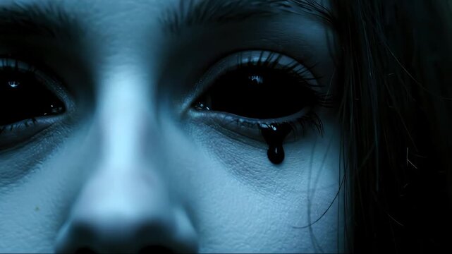 Extreme close up of woman's face with large, solid black eyes, conveying sense of horror or possession. Concept for scary movies, Halloween, or supernatural themes. For horror event