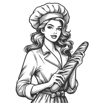 recommend clip art: smiling woman in a chef hat and apron proudly holding a long baguette loaf sketch engraving generative ai fictional character vector illustration. Scratch board imitation. Black and white image.