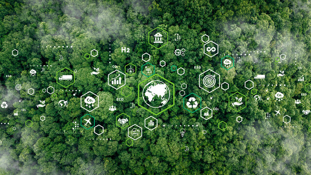 Aerial view of green trees with icons for ESG concept, ecology and Sustainable Environment Development. Green business, circular economy, supply chain, renewable energy, carbon emission to net zero