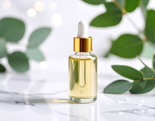 bottle of perfume in tabale with some green leafs