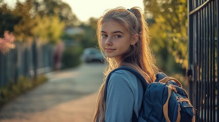 Happy student girl with a backpack walking back to school after summer holidays, smiling and glancing over her shoulder near the school gates during a beautiful sunset