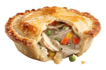 A delicious chicken pot pie with a flaky golden crust and vegetable filling on transparent background