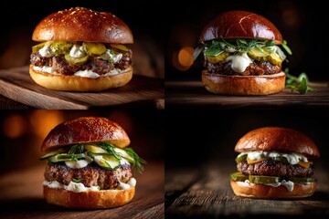 Four appetizing burger creations showcase gourmet ingredients & textures, staged on wood
