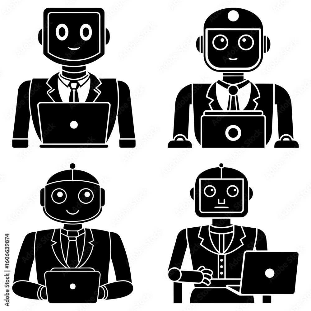 Poster four black and white robot figures wearing suits and ties using laptops in a grid formation display
