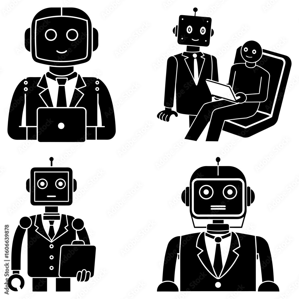 Poster illustrations of robots in business attire working with laptops and interacting with humans in black