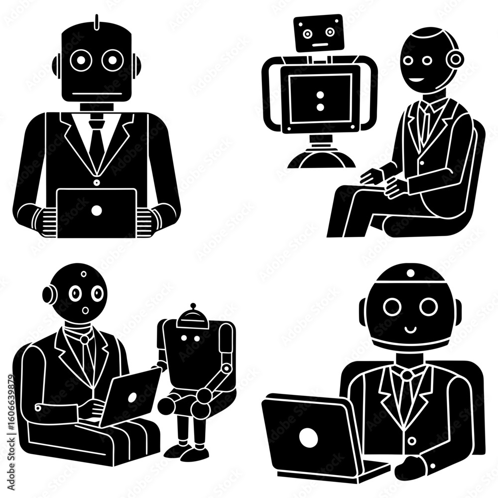 Aufkleber four black and white drawings of robots in business suits using laptops and interacting with each ot